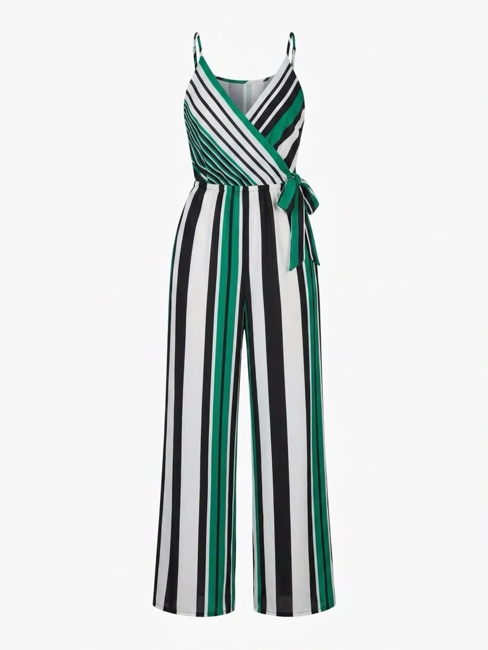 Express Green, Black & White Striped Wrap Wide-Leg Jumpsuit